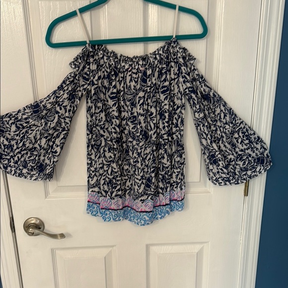 Lilly Pulitzer White and Blue Smocked Ruffled Blouse - Picture 4 of 6